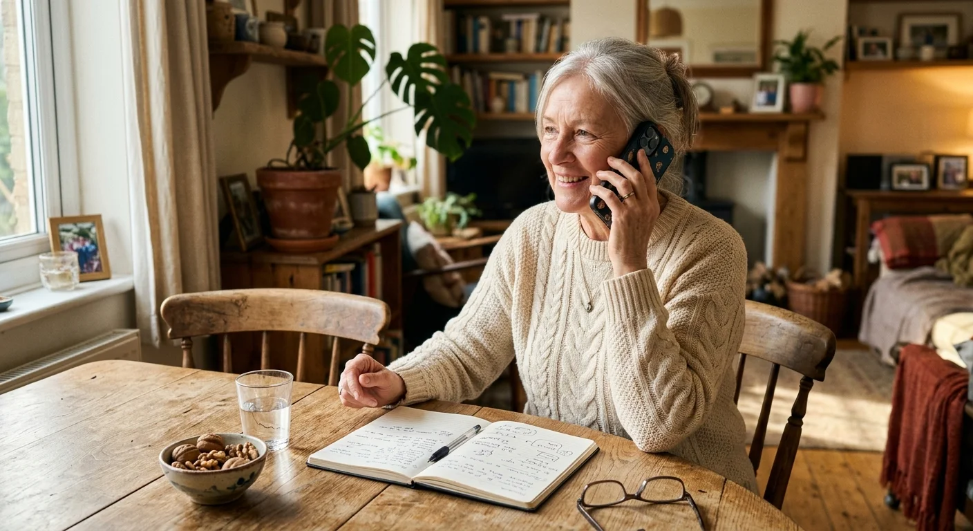 A senior woman sits in her sunlit home kitchen, smiling while speaking on the phone with a food journal open in front of her.