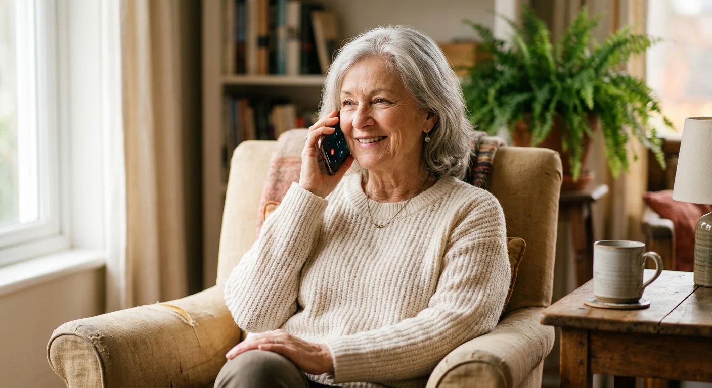 A senior woman smiling during a phone call in her comfortable, sunlit living room, representing a proactive health consultation.