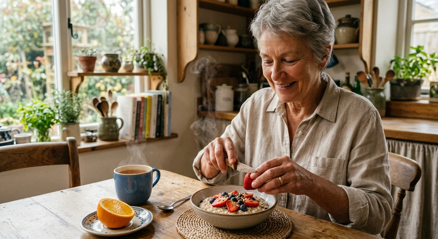A senior woman smiling while adding fresh sliced strawberries to her morning oatmeal in a bright kitchen.