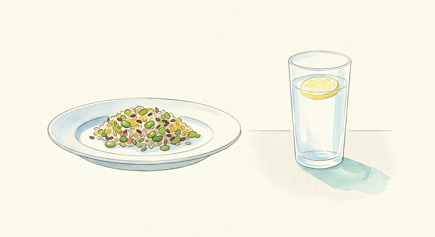 A serene watercolor illustration showing a balanced plate of legumes next to a tall, refreshing glass of lemon water.