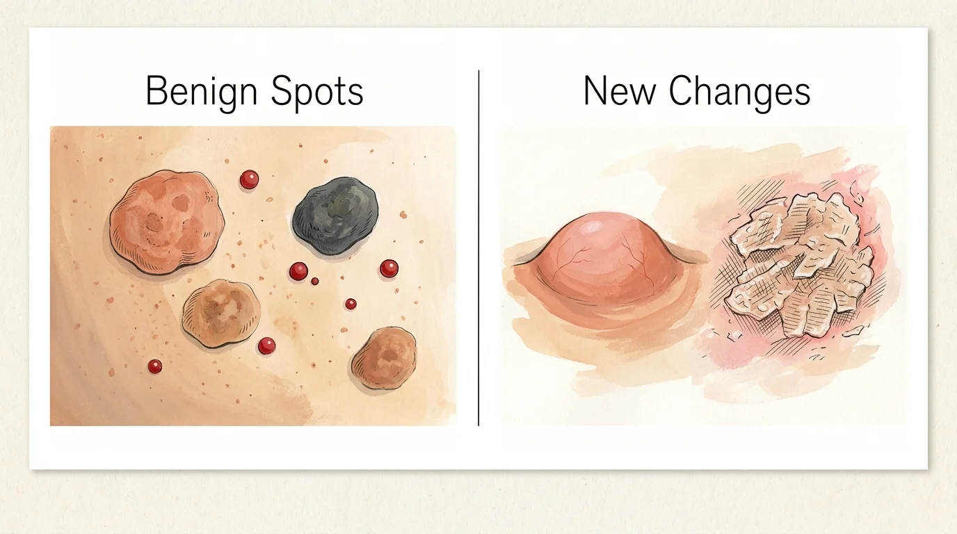 A split-panel gouache diagram comparing common benign spots like cherry angiomas to malignant skin changes on senior skin.