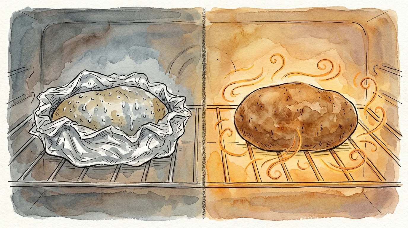 A split-screen watercolor illustration showing a potato trapped in foil versus a bare potato baking happily in the oven.