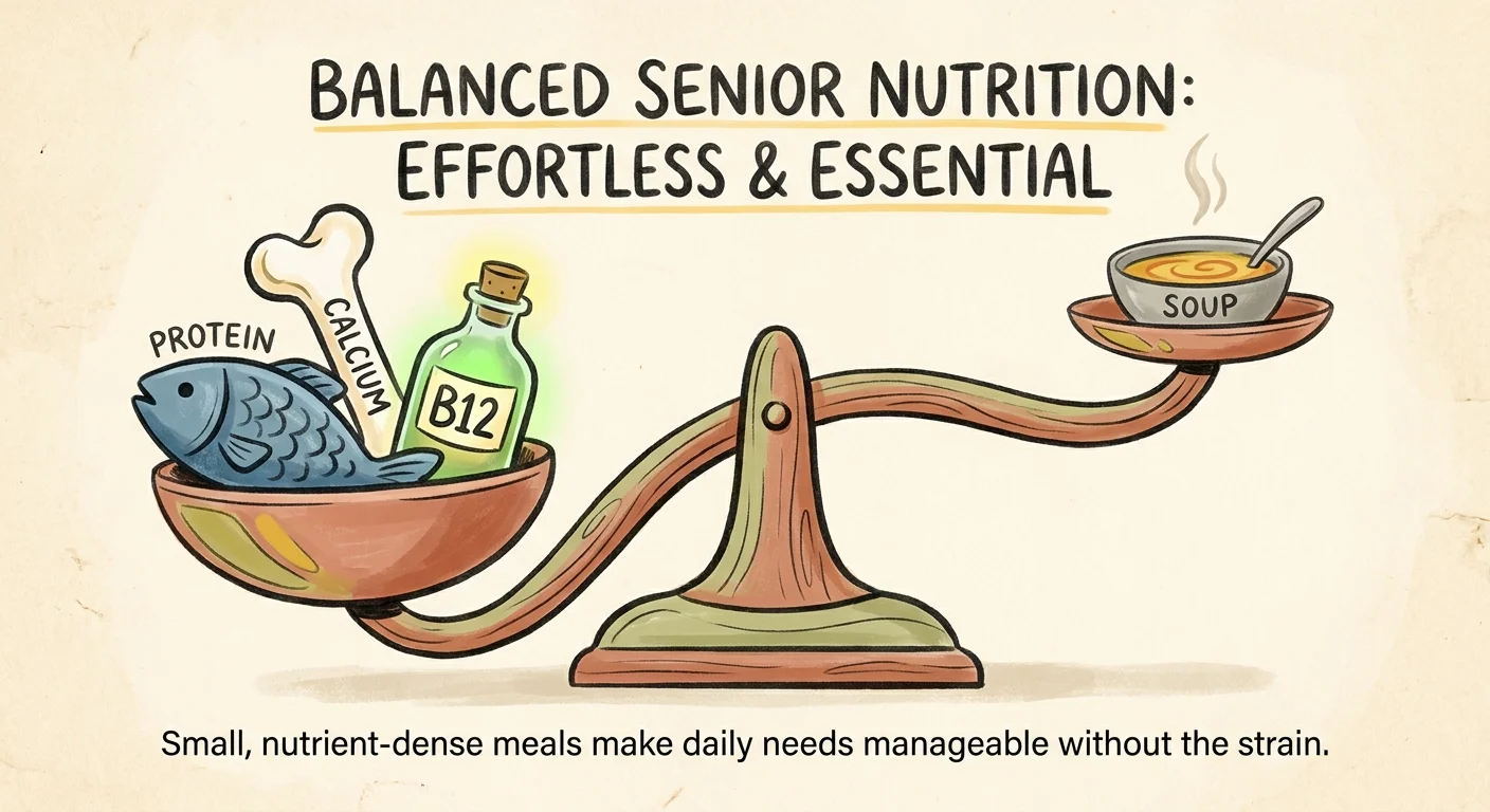 A stylized illustration of a balance scale weighing essential nutrients like B12, calcium, and protein.