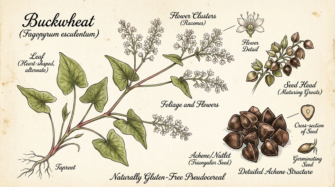 A vintage botanical watercolor illustration of a buckwheat plant with hand-lettered labels showing its leaves, flowers, and seeds.