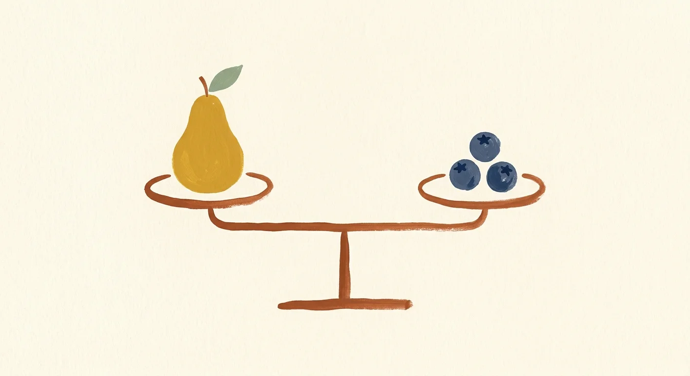A warm gouache illustration of a balance scale holding a single pear and a few blueberries, symbolizing moderation.