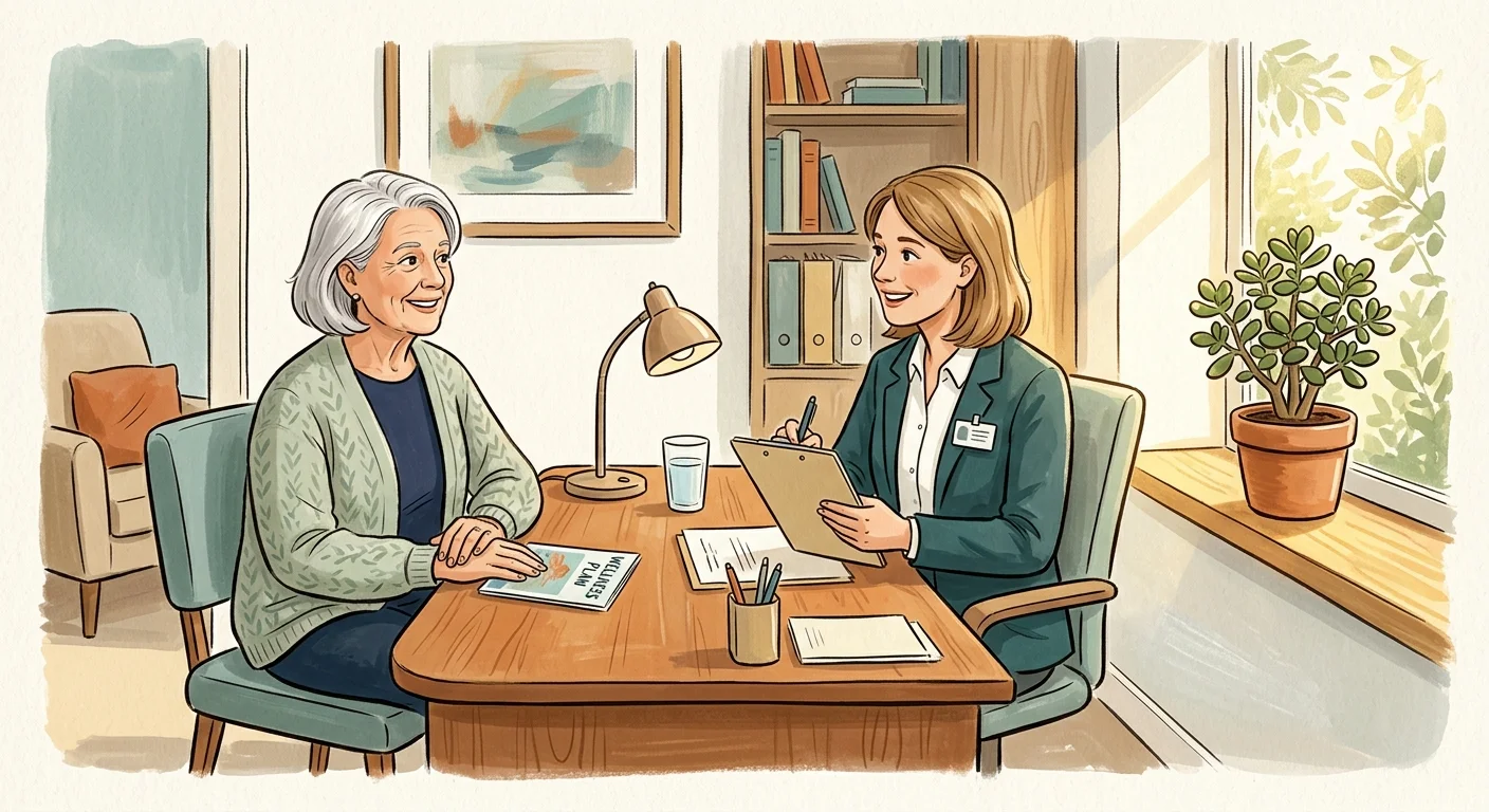 A warm gouache illustration of an older adult consulting a friendly healthcare professional in a bright, peaceful office.