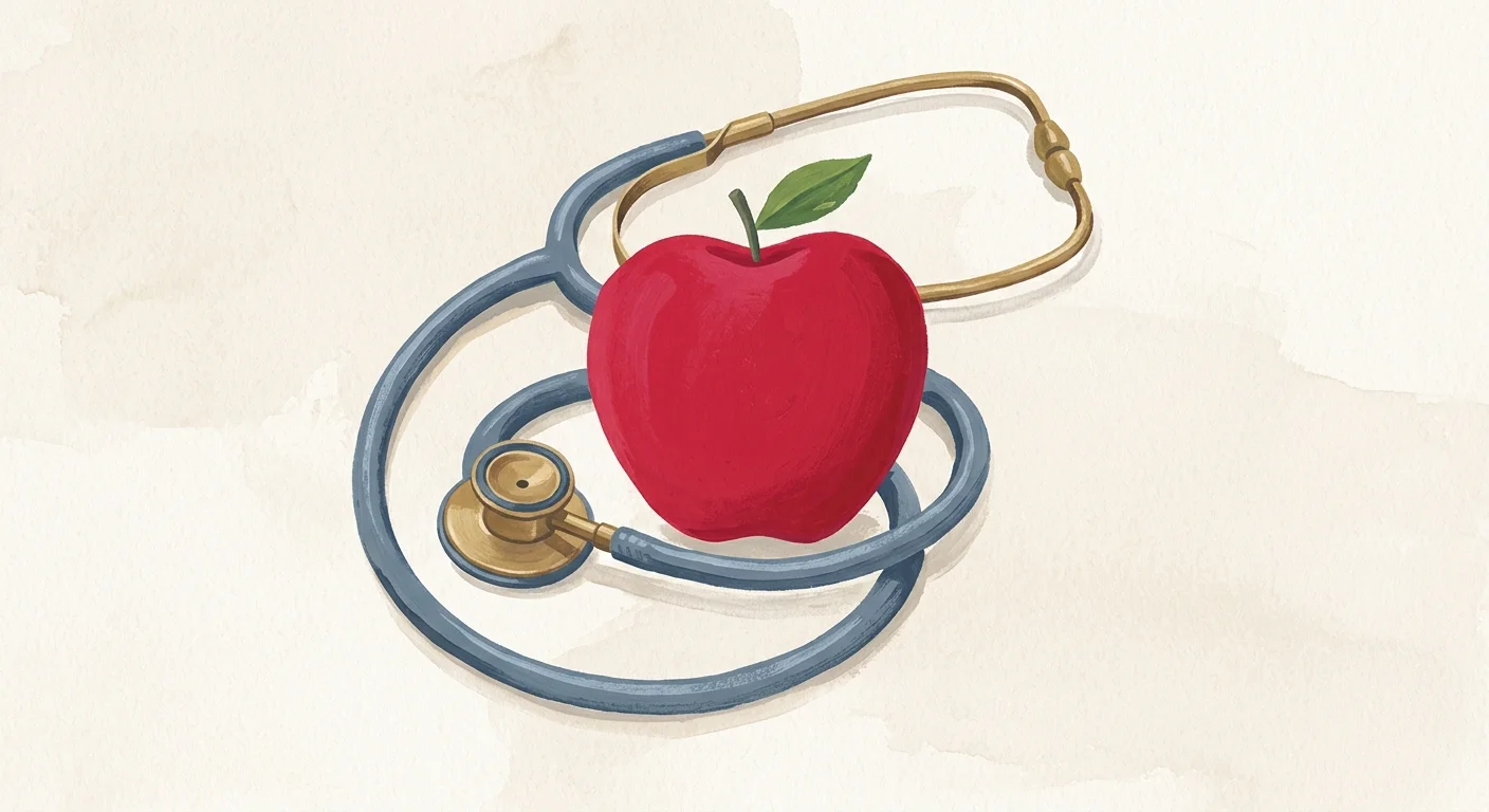 A warm illustration of a stethoscope wrapped around a red apple, representing nutrition-focused healthcare.