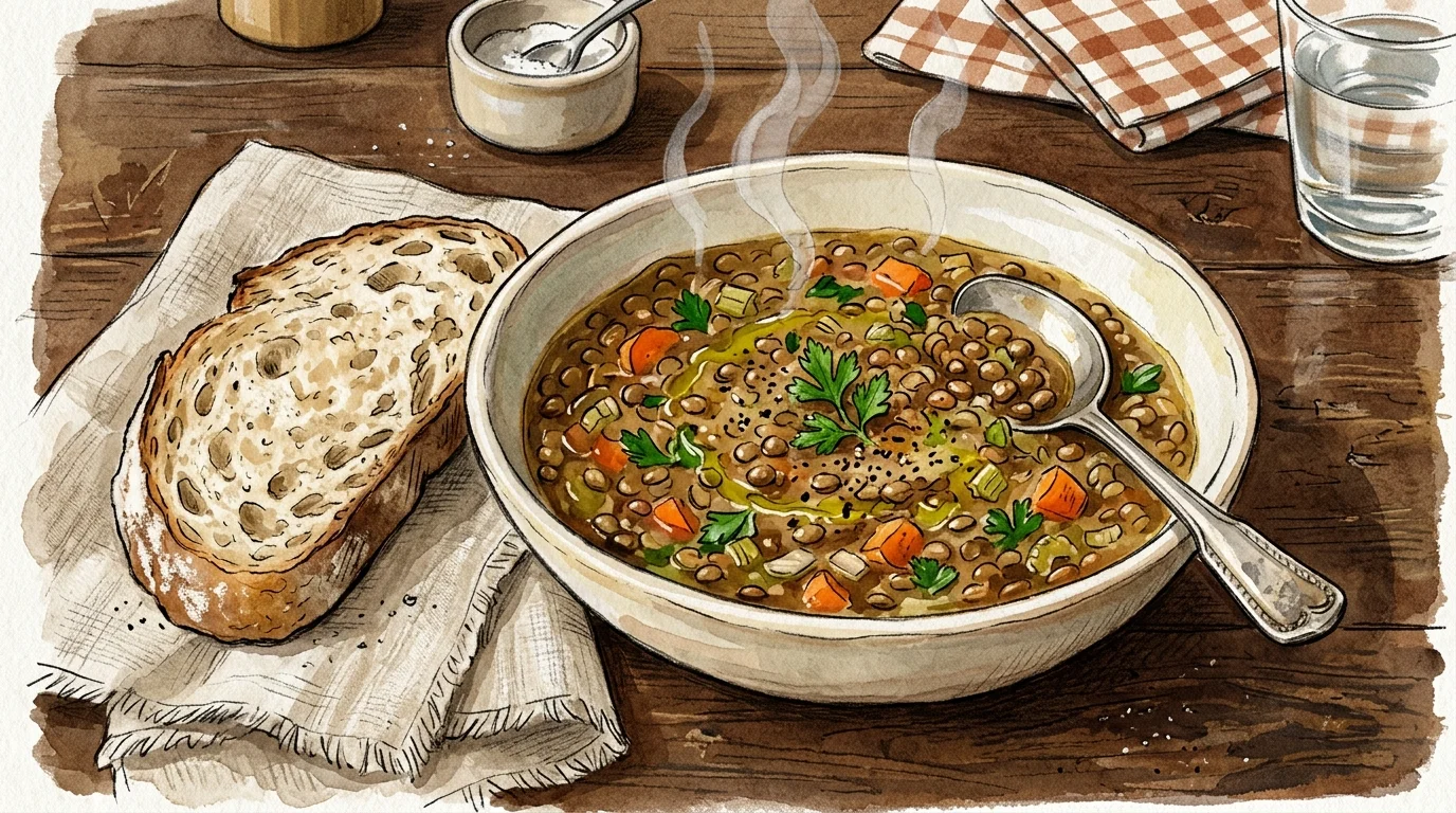 A warm watercolor illustration of a steaming bowl of rustic lentil soup next to a slice of sourdough bread on a wooden table.