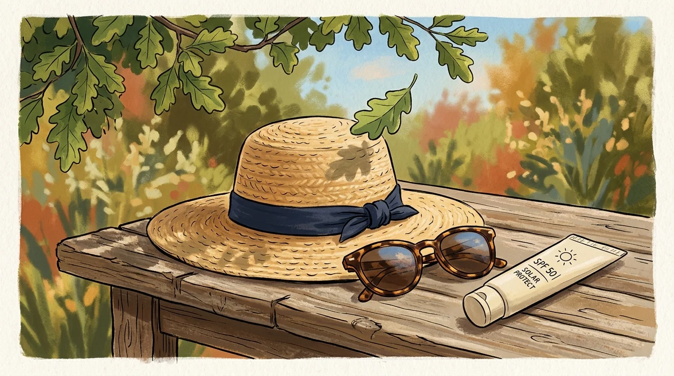 An artistic gouache illustration of a straw sun hat, sunglasses, and sunscreen tube resting on a rustic wooden table.