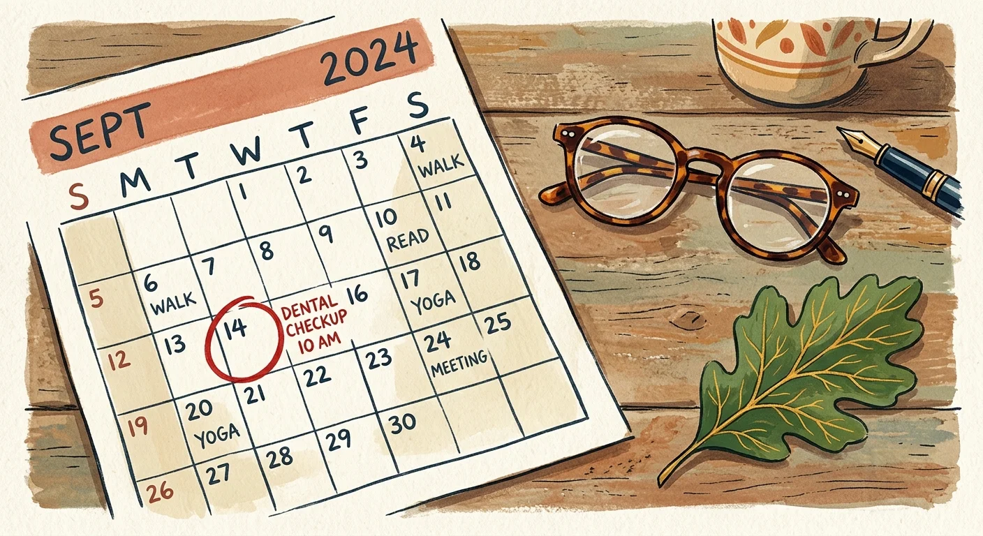 An editorial gouache illustration of a calendar with a marked dental appointment next to reading glasses and a green leaf.