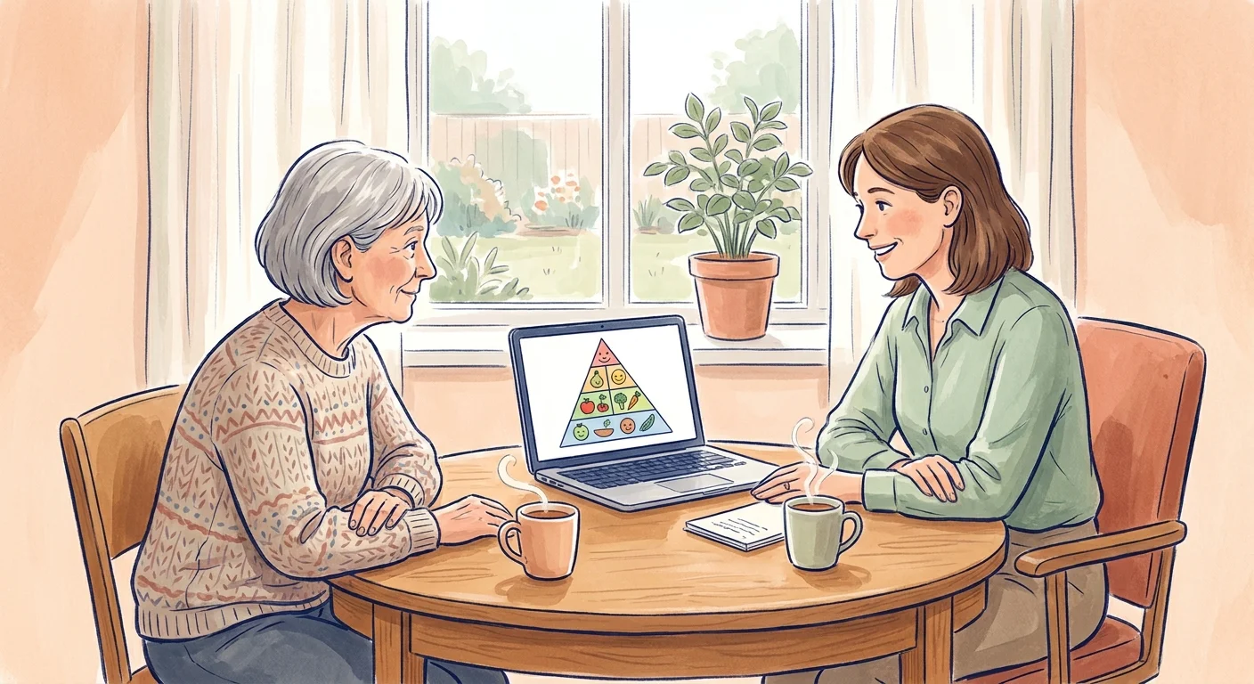An illustration of an older woman discussing her nutrition plan with a friendly dietitian in a cozy office.