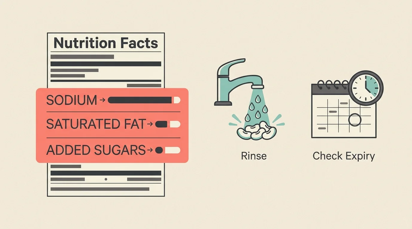 An infographic highlighting key nutritional areas to check on food labels, including sodium and expiration dates.