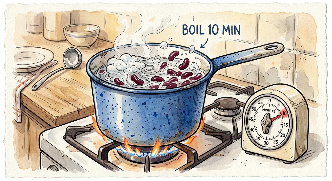 An ink and watercolor drawing of red kidney beans boiling in a pot with a kitchen timer set to 10 minutes.