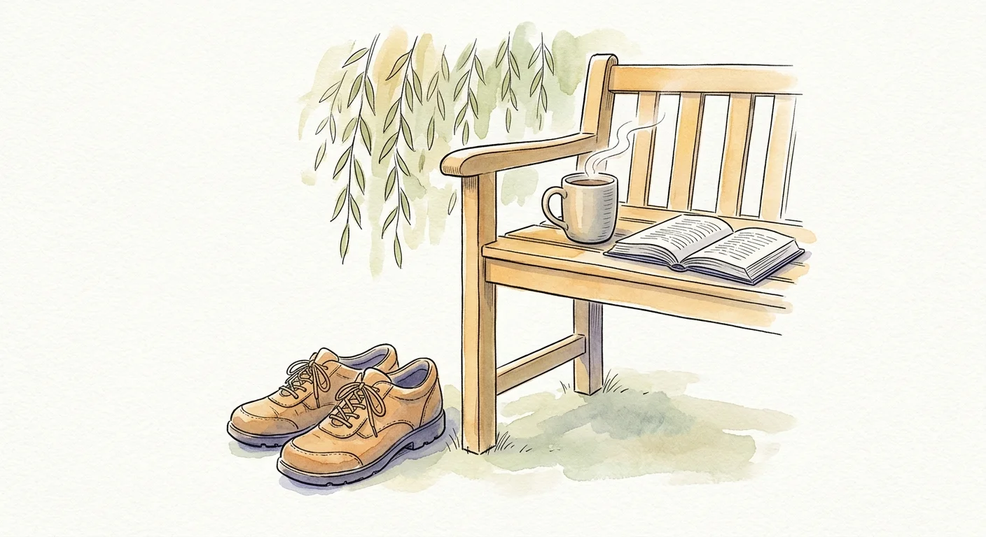 An ink and watercolor illustration of a peaceful garden bench with a mug and book, representing mindful pacing and rest.