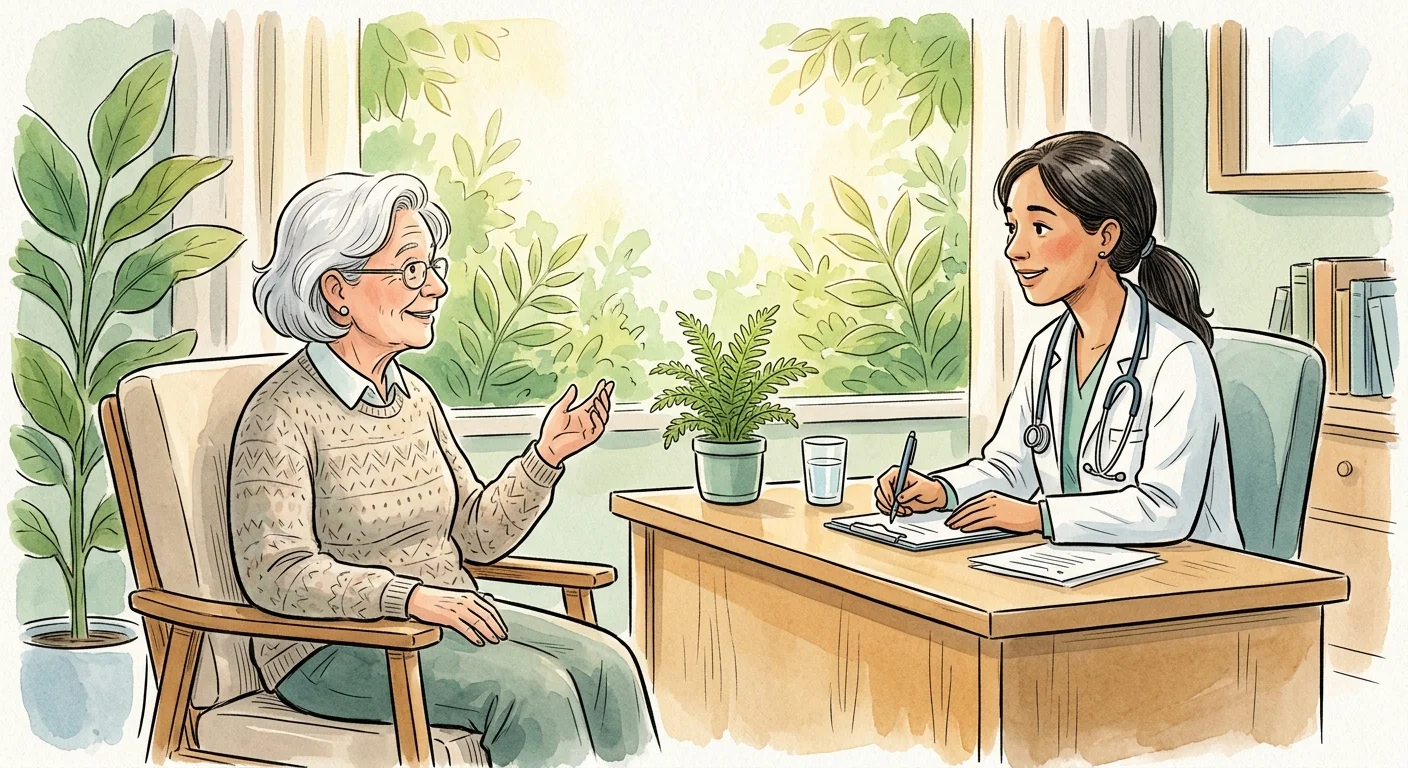 An ink and watercolor illustration of a supportive consultation between a senior woman and a doctor in a bright, modern clinic.