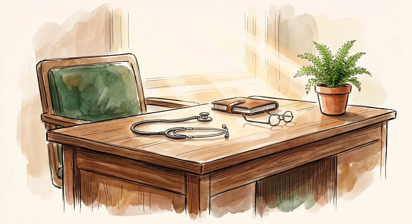 An ink and watercolor illustration of a warm wooden desk with a stethoscope and a potted plant, representing professional guidance.