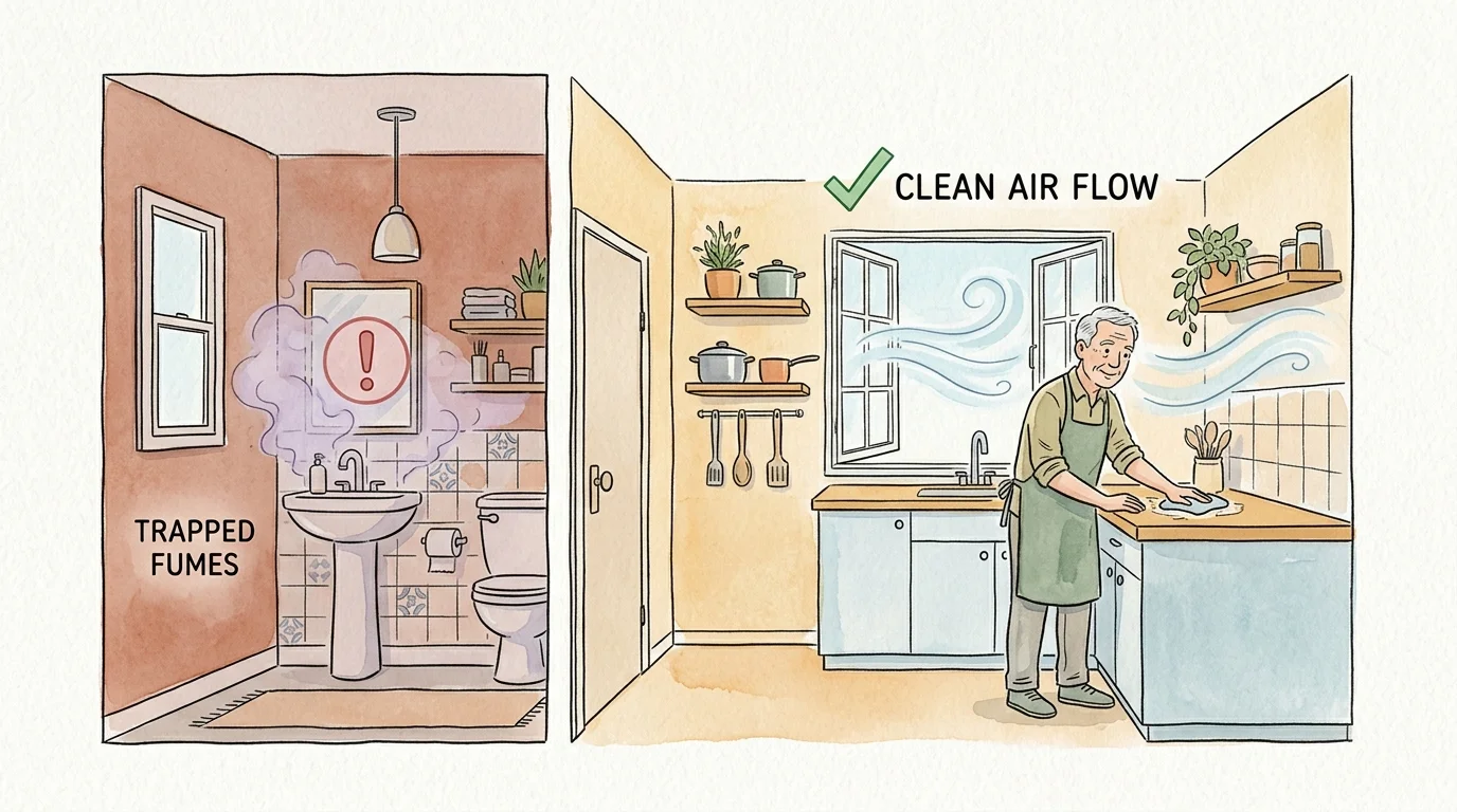 An ink and watercolor illustration showing a comparison of trapped fumes in a closed bathroom versus fresh air flowing through a kitchen.
