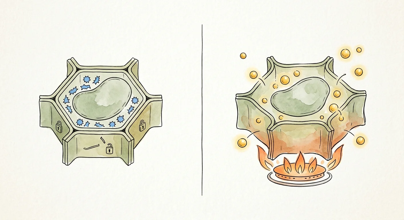 An ink and watercolor illustration showing how cooking heat breaks down rigid plant cells to release vital nutrients.