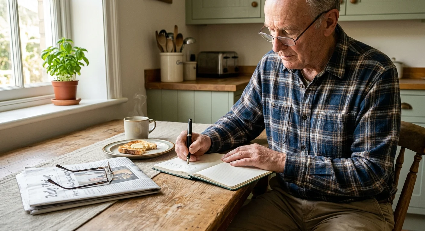 An older man in a flannel shirt writing in a journal at a sunlit kitchen table, practicing tracking his daily wellness.