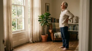 An older man in his late 60s gently stretching in his sunlit living room, highlighting healthy aging and mobility.