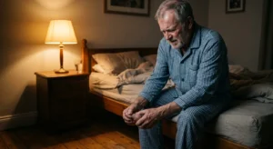 An older man sitting on the edge of his bed at night, gently holding his foot in sudden discomfort under warm lamp light.