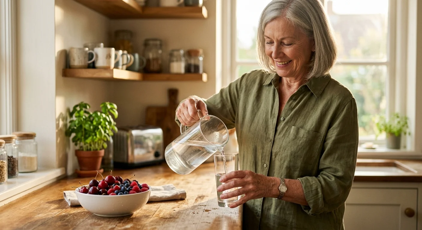 An older woman in a sunlit kitchen pouring a glass of water next to a bowl of fresh cherries and berries.