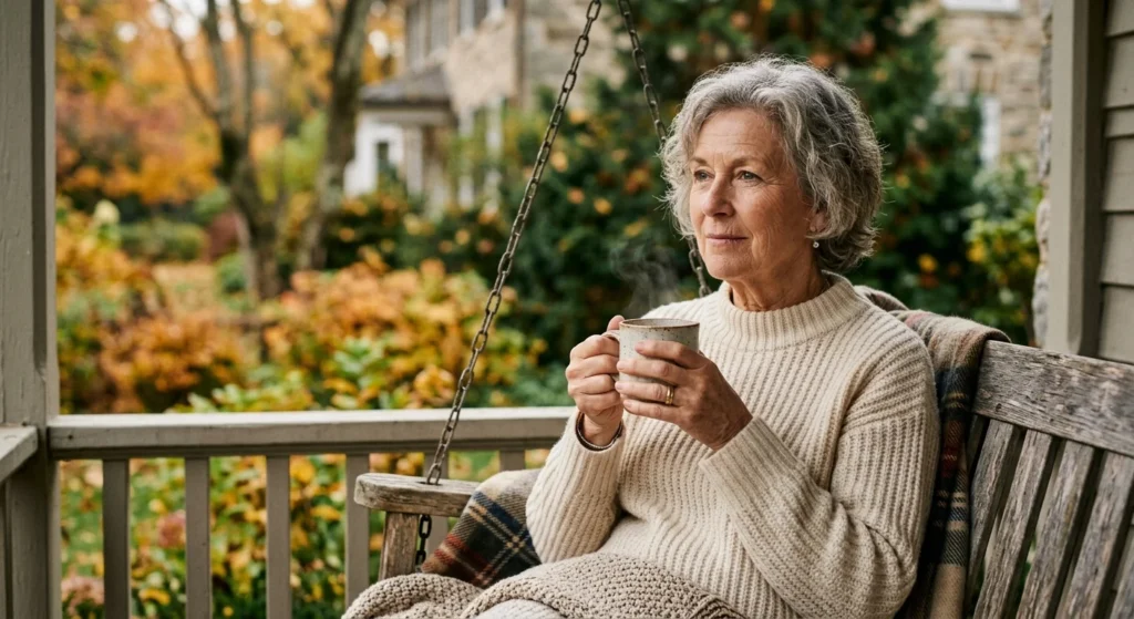 An older woman in her 70s sitting thoughtfully on a wooden porch swing on a crisp morning, holding a warm mug.