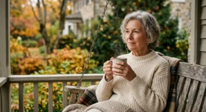 An older woman in her 70s sitting thoughtfully on a wooden porch swing on a crisp morning, holding a warm mug.