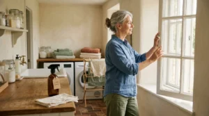 An older woman opening a laundry room window to let in fresh morning light and air, next to a clean glass spray bottle and cotton cloth.