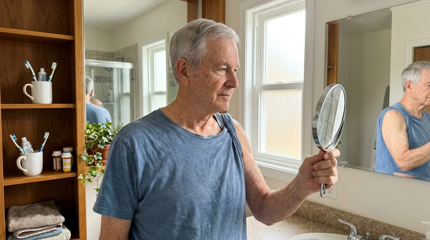 Candid photograph of an older man in a sunlit bathroom using a hand mirror to inspect his shoulder for skin changes.