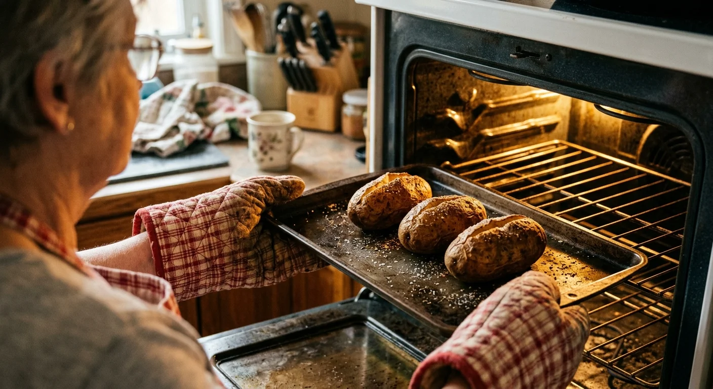 Close-up of a senior's hands in quilted oven mitts pulling hot baked potatoes on a baking sheet out of a warm oven.