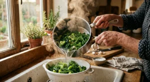 Close-up of senior hands straining steaming cooked vegetables in a warm kitchen, highlighting safe food preparation through heat.