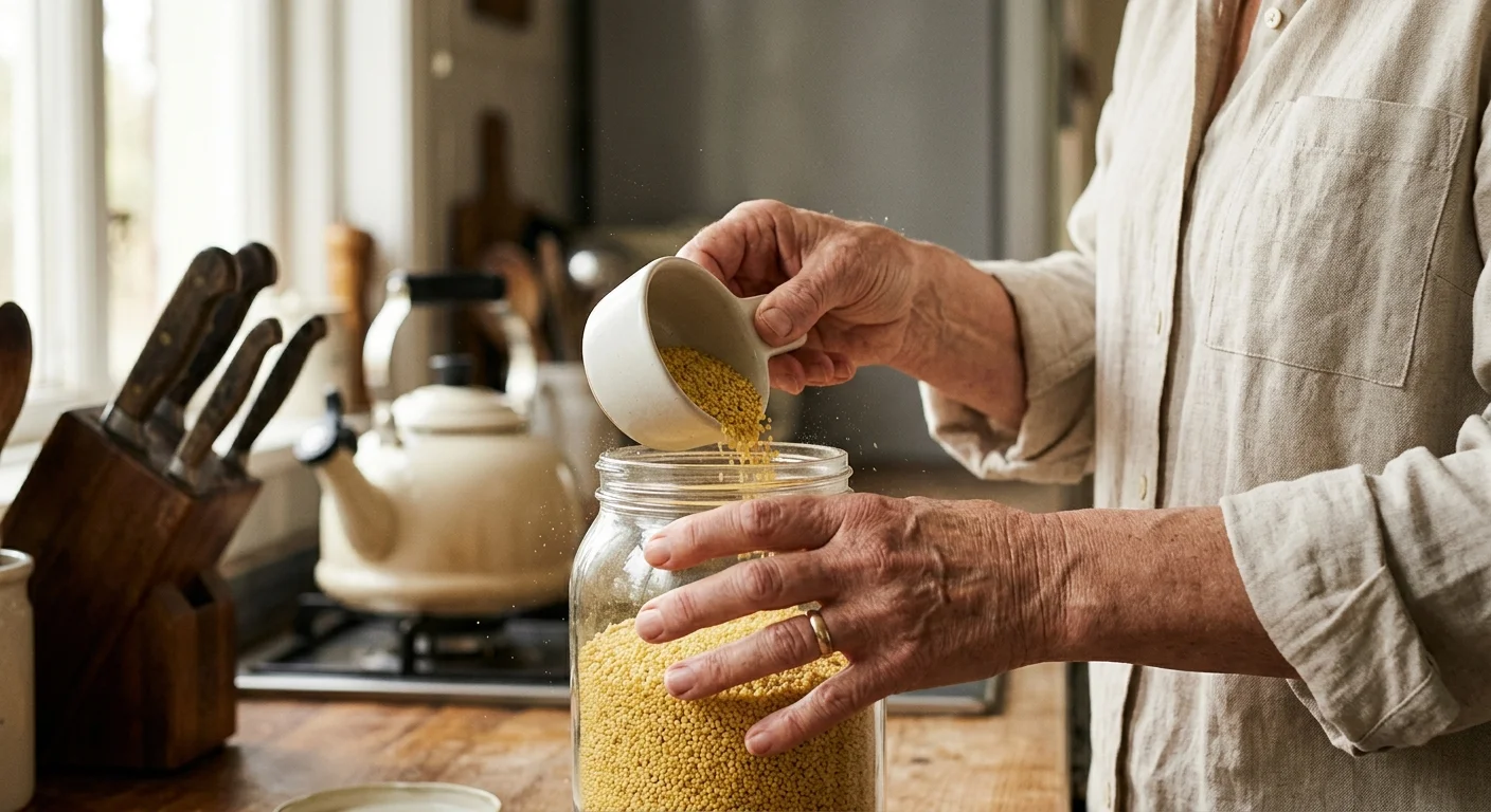 Close-up photograph of an older woman's hands scooping raw millet in a warm, sunlit kitchen.