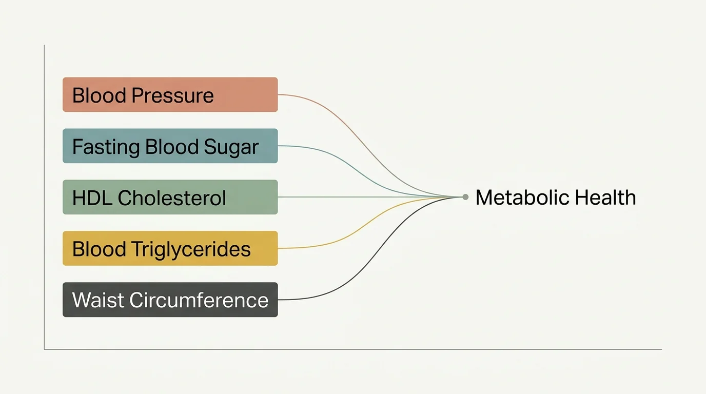 Diagram of the five primary markers of metabolic health: blood pressure, blood sugar, HDL, triglycerides, and waist circumference.