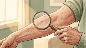 Gouache illustration of an elderly person's sunlit arm being examined with a magnifying glass, focusing on a subtle pink bump.