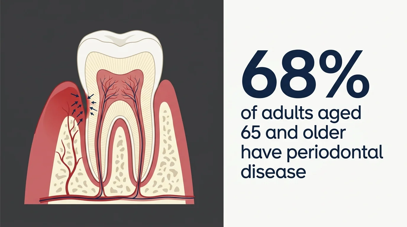 Minimalist medical diagram explaining the connection between senior gum disease and systemic health, with a 68 percent statistic.