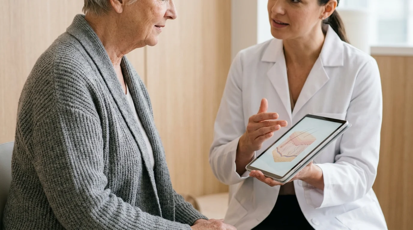 Reassuring close-up photo of an older patient consulting with a dermatologist in a warm, naturally lit clinic.