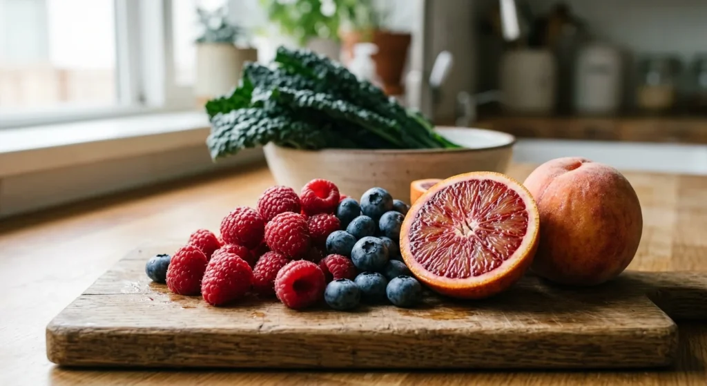 Vibrant berries, sliced blood orange, and a peach on a rustic wooden counter, highlighting healthy whole fruits.