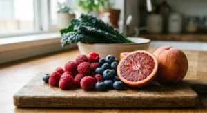 Vibrant berries, sliced blood orange, and a peach on a rustic wooden counter, highlighting healthy whole fruits.