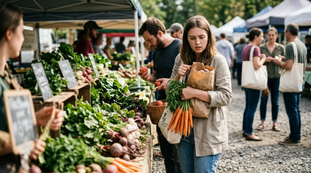 A woman holding carrots and a paper bag looks at fresh produce displays at a bustling outdoor farmers market.
