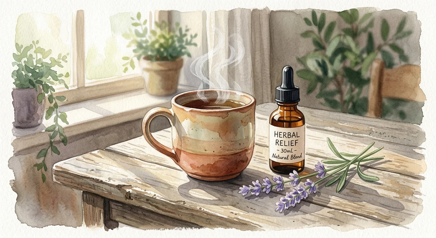 A calm watercolor still life of a steaming tea mug, an amber apothecary bottle, and lavender, representing safe and mindful self-care.