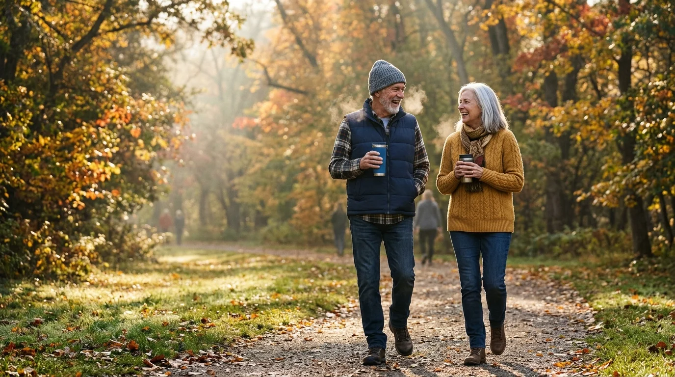 A candid photo of an active senior couple enjoying a morning walk in a crisp, sunlit park with warm drinks.