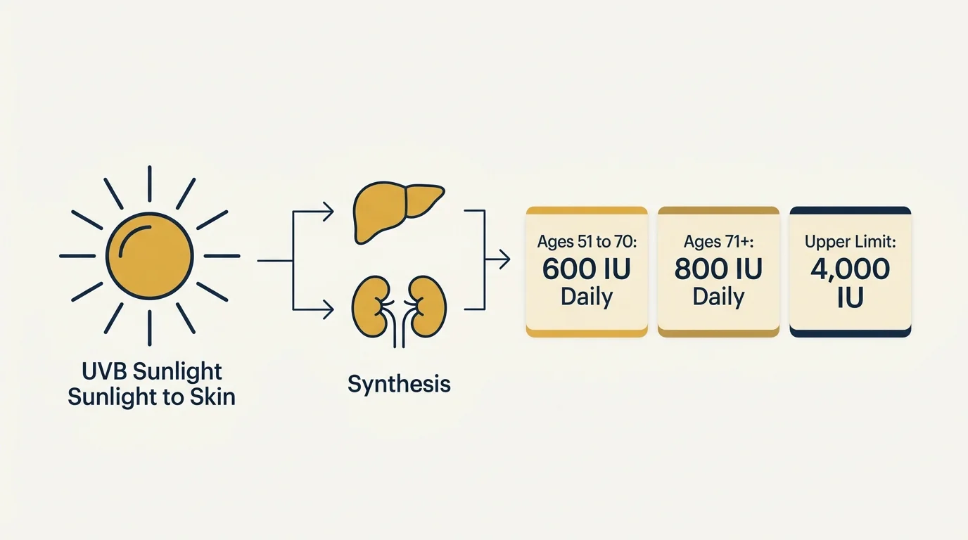 A clean biological pathway diagram showing solar vitamin D synthesis alongside daily senior dosage benchmarks of 600 IU and 800 IU.