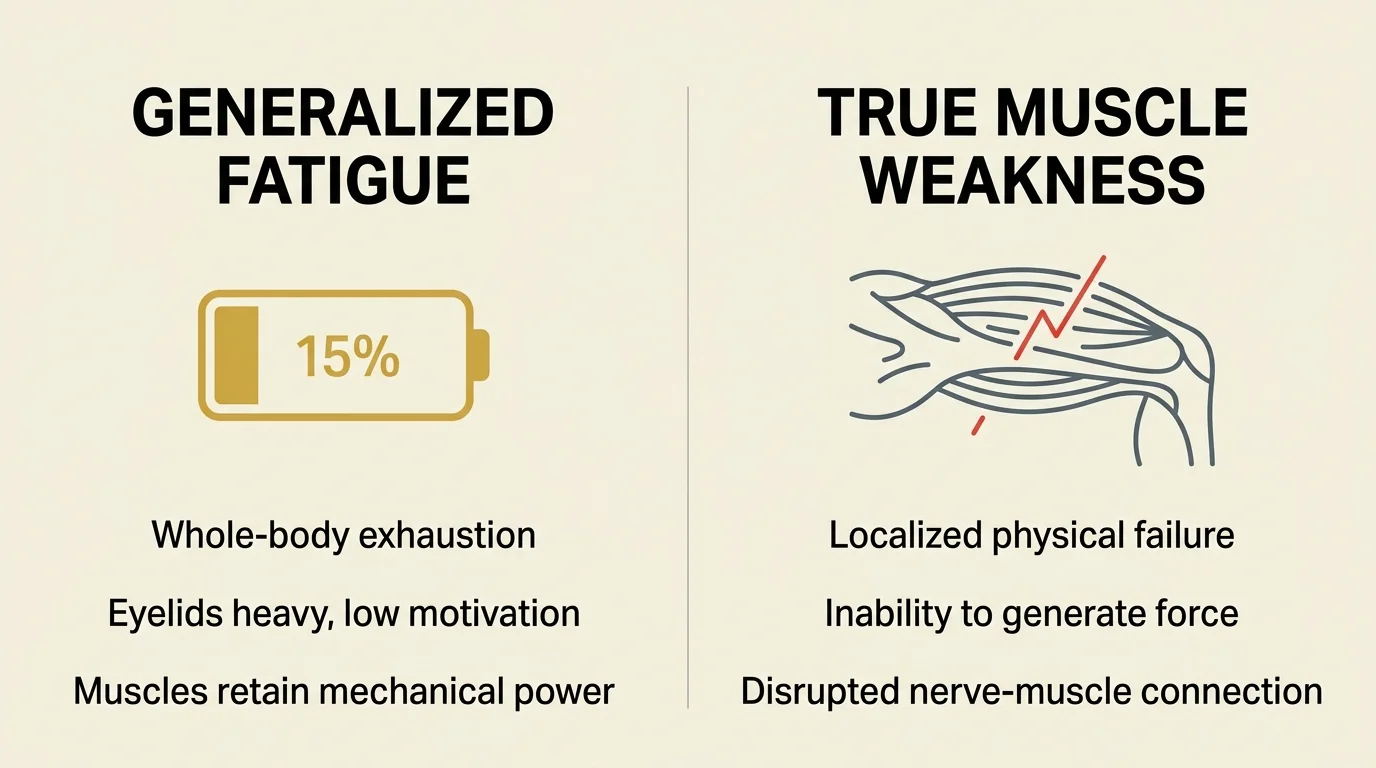 A clean comparative diagram showing the differences between Generalized Fatigue and True Muscle Weakness with clear text labels.