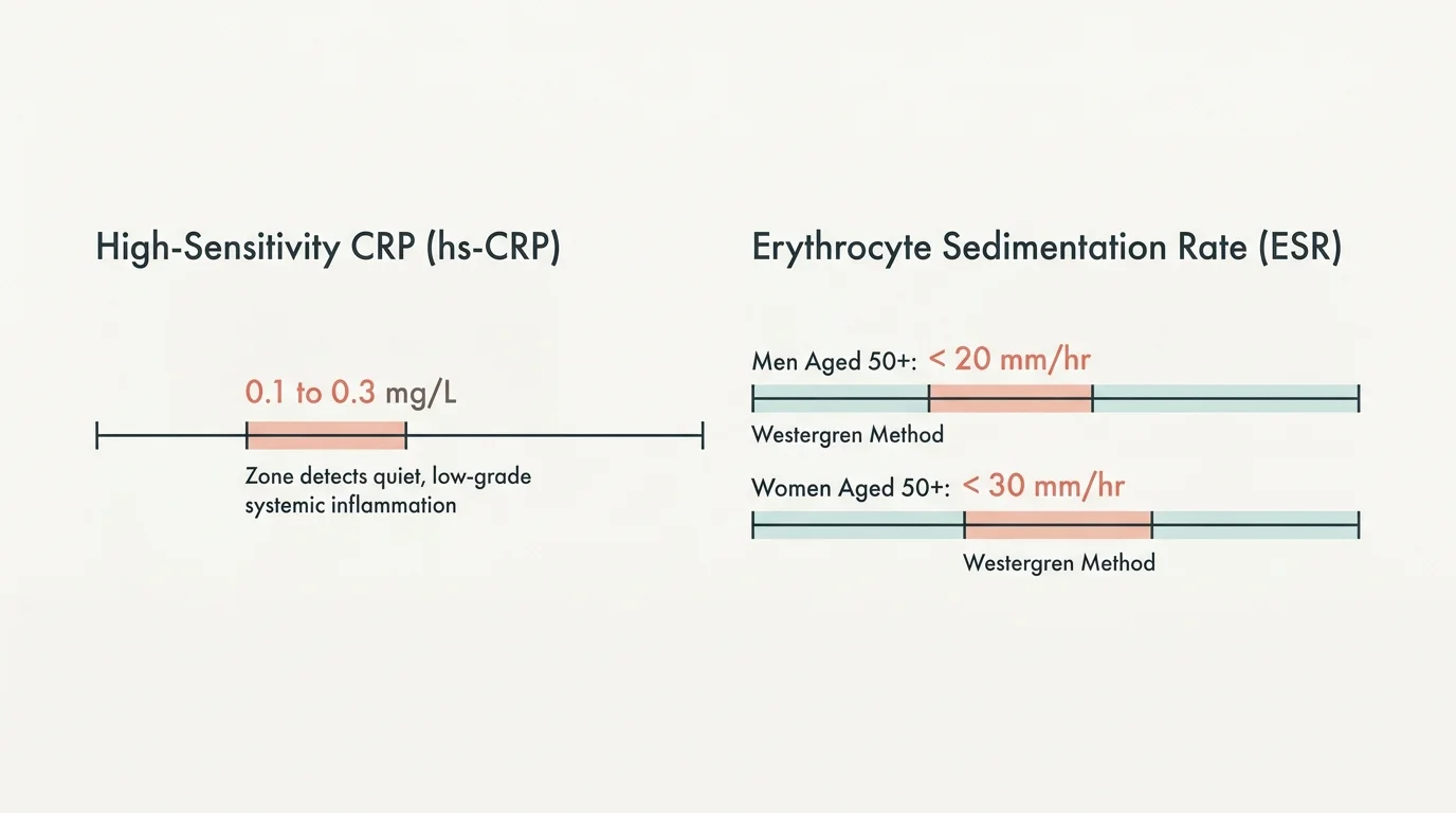 A clean, horizontal diagram showing normal reference ranges for senior inflammation markers hs-CRP and ESR.
