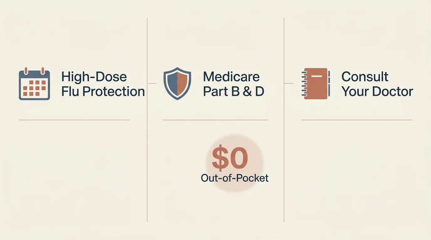 A clean, horizontal infographic outline showing steps for senior health, featuring Medicare coverage at zero out-of-pocket cost.