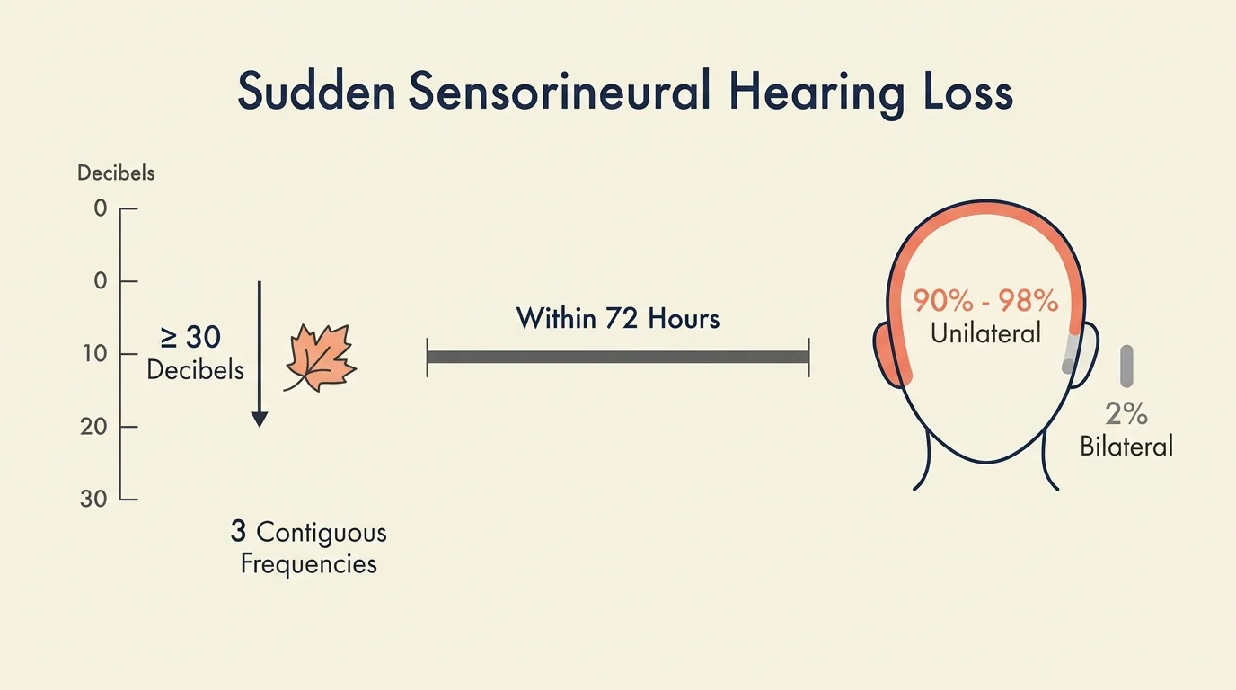 A clean medical infographic displaying the clinical metrics of sudden hearing loss, including 30 decibels, 72 hours, and unilateral statisti