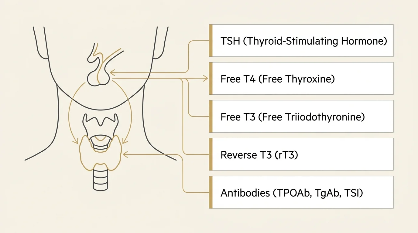A clean, modern medical diagram showing the key biomarkers of a full thyroid panel, including TSH, Free T4, and Free T3.