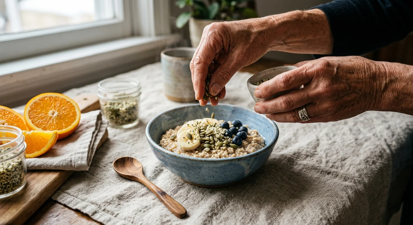 A close-up of a senior's hands adding zinc-rich pumpkin seeds and hemp hearts to a bowl of warm oatmeal at breakfast.