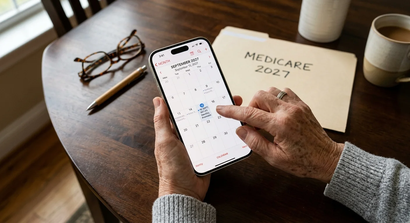 A close-up of a senior's hands holding a smartphone displaying a premium payment reminder on a calendar app.